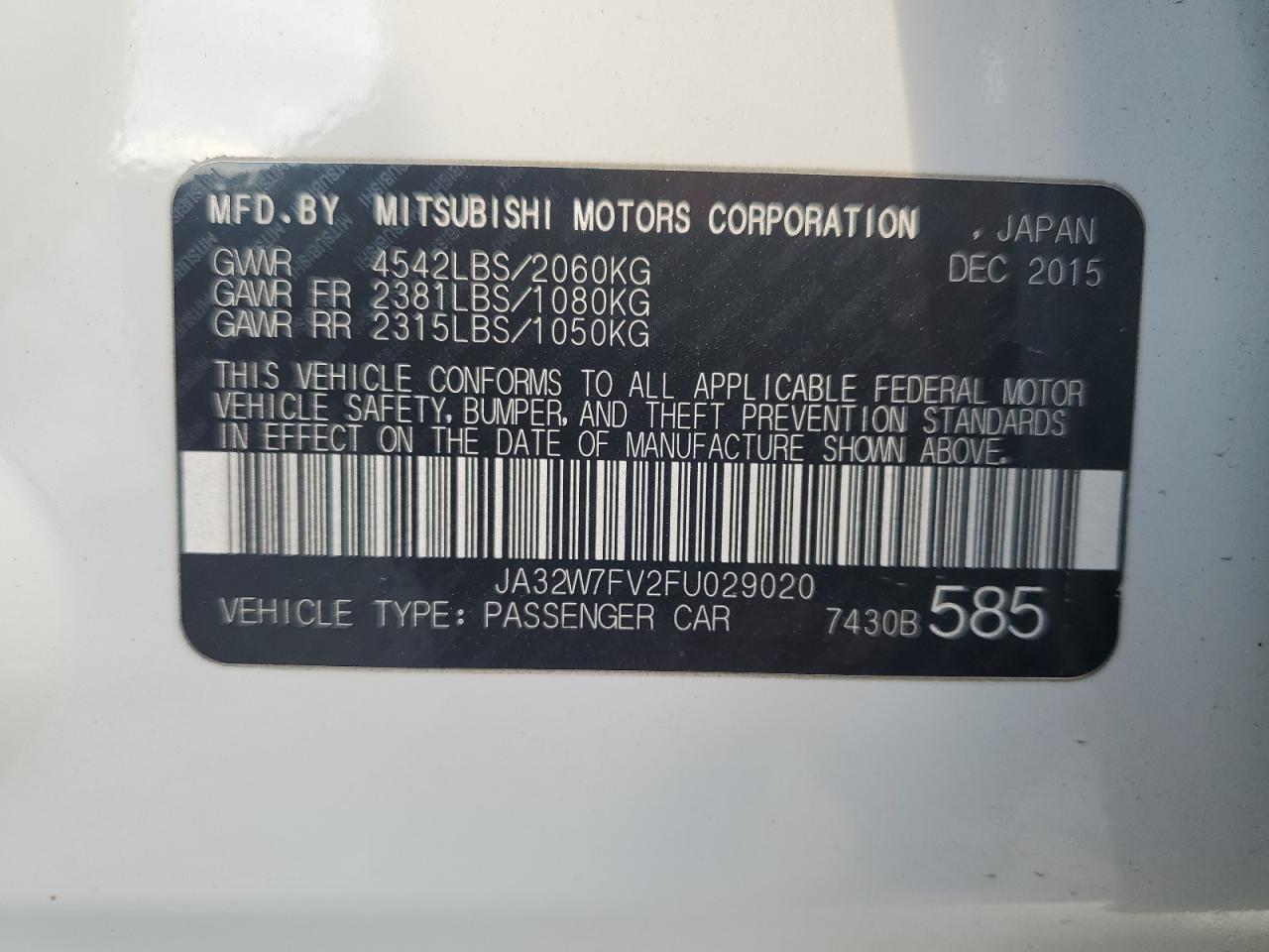 2015 Mitsubishi Lancer Evolution VIN: JA32W7FV2FU029020 Lot: 63077505