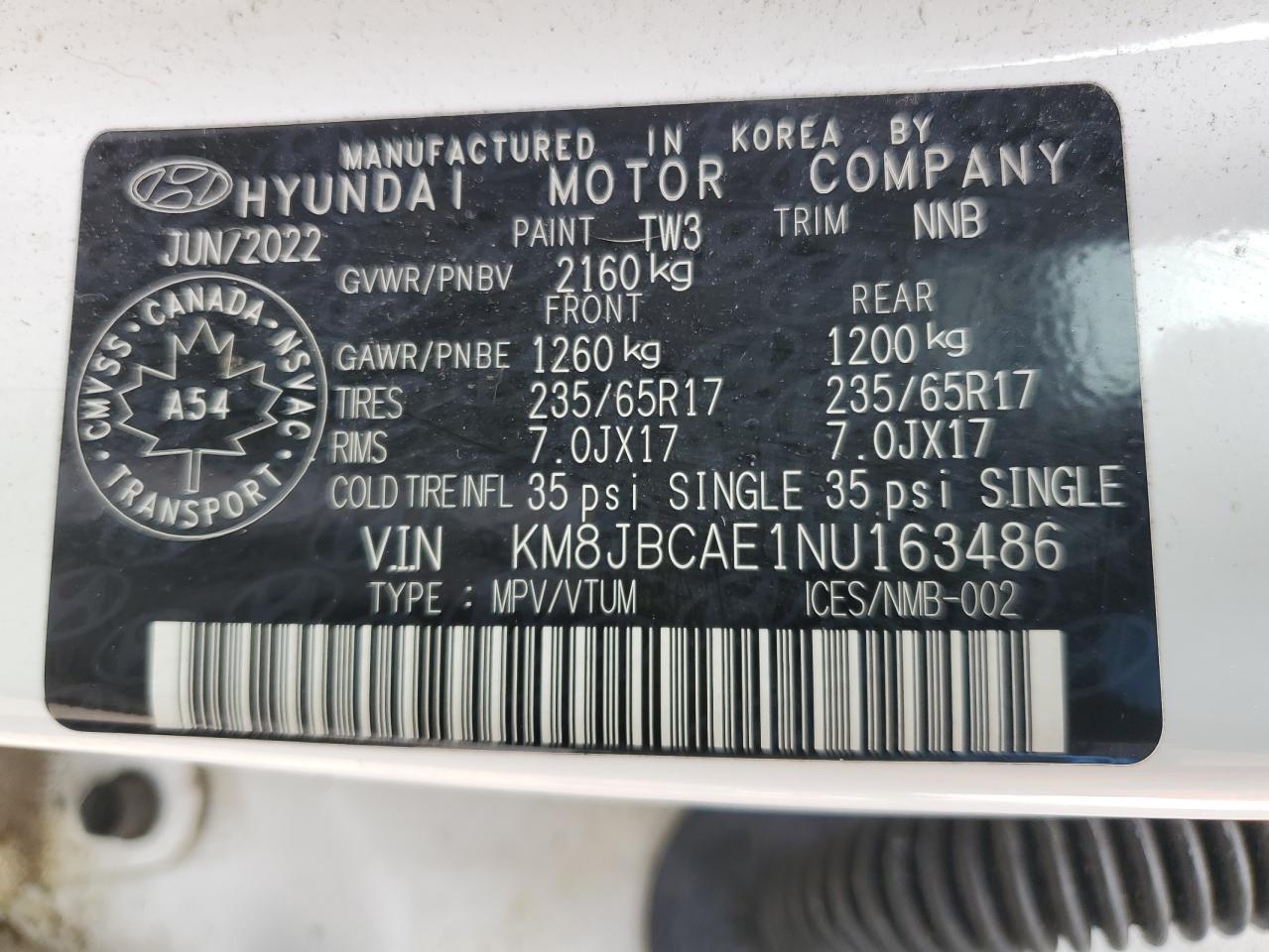2022 Hyundai Tucson Sel VIN: KM8JBCAE1NU163486 Lot: 63102035