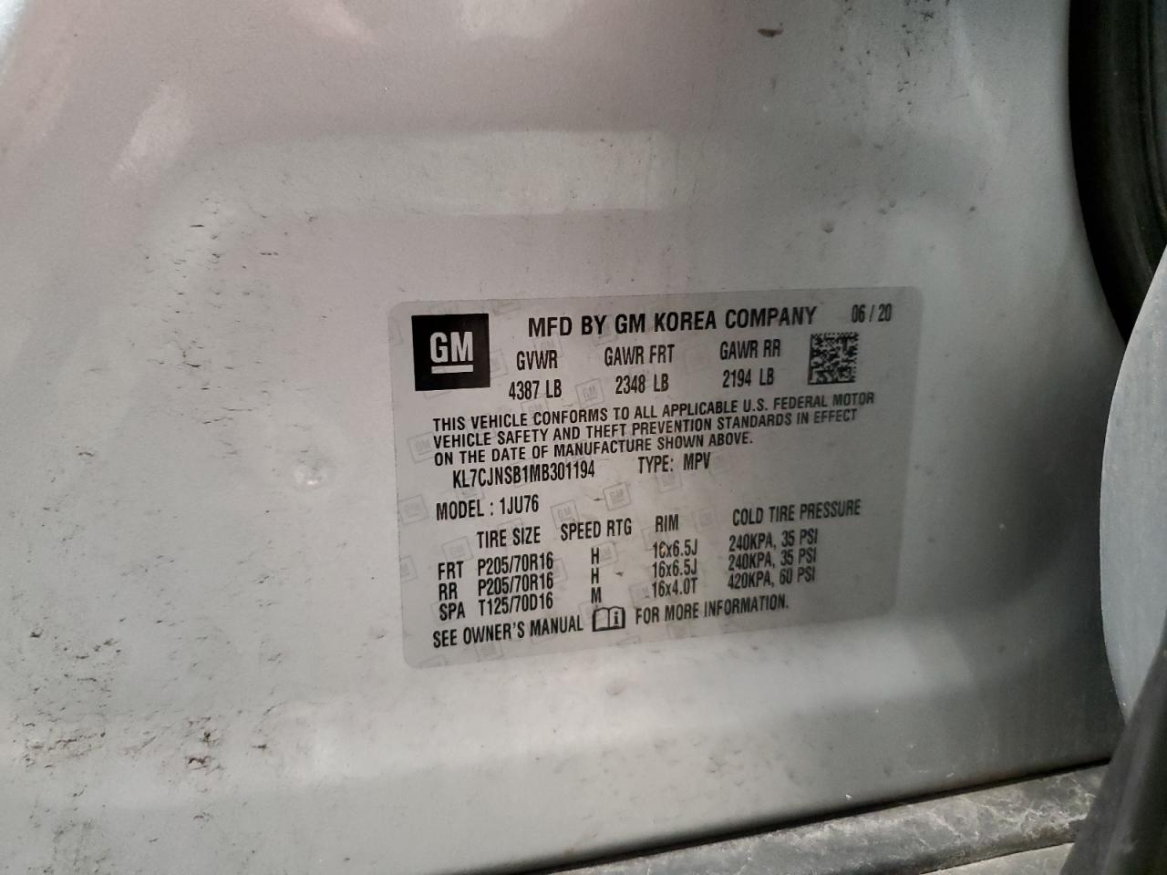 2021 Chevrolet Trax Ls VIN: KL7CJNSB1MB301194 Lot: 64789975