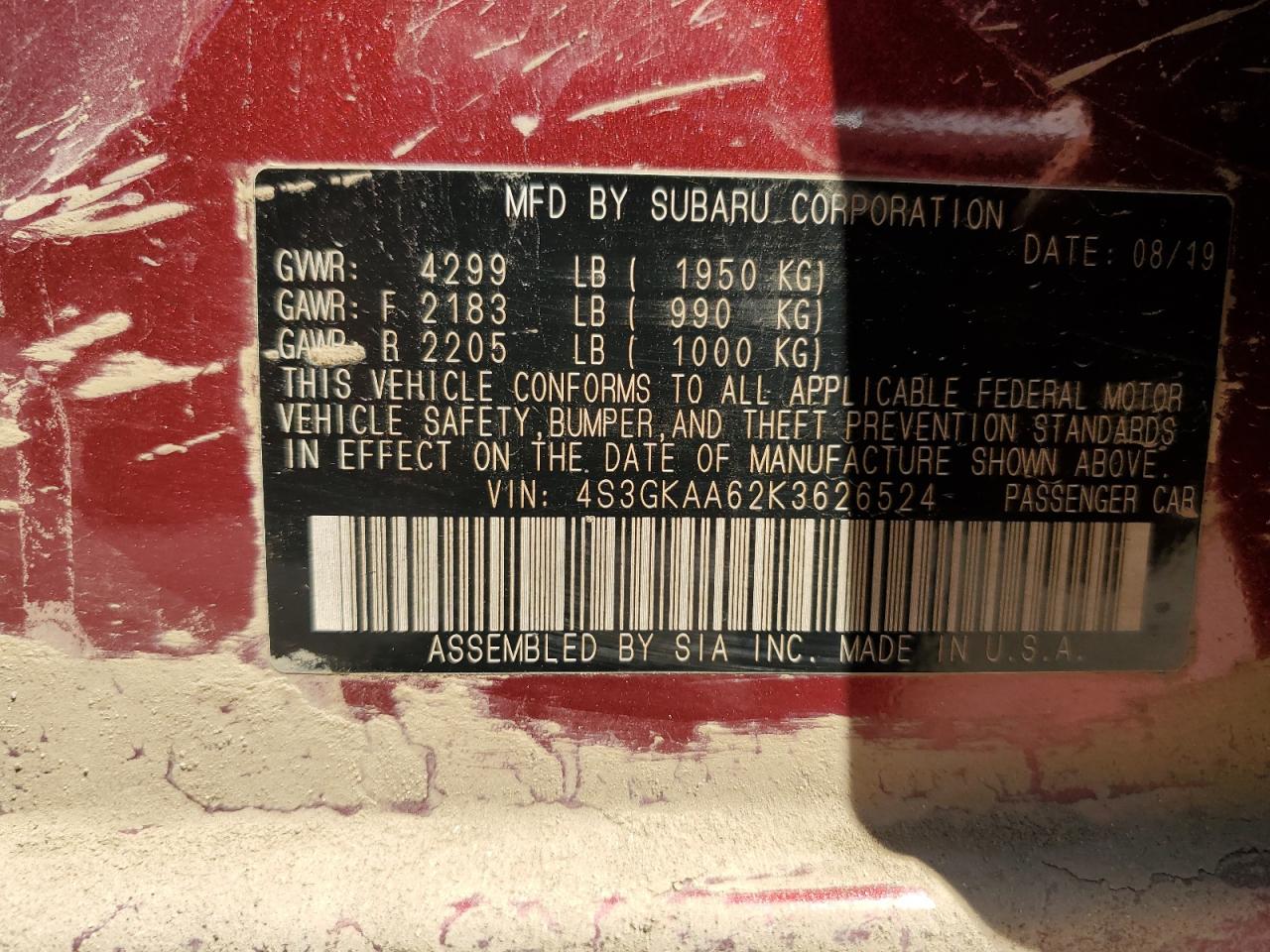 2019 Subaru Impreza VIN: 4S3GKAA62K3626524 Lot: 64218515