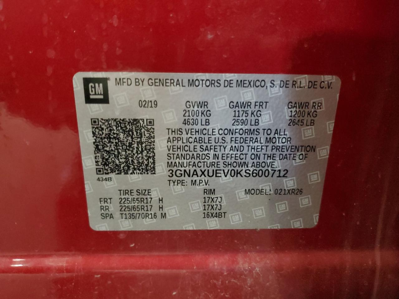 2019 Chevrolet Equinox Lt VIN: 3GNAXUEV0KS600712 Lot: 64439835