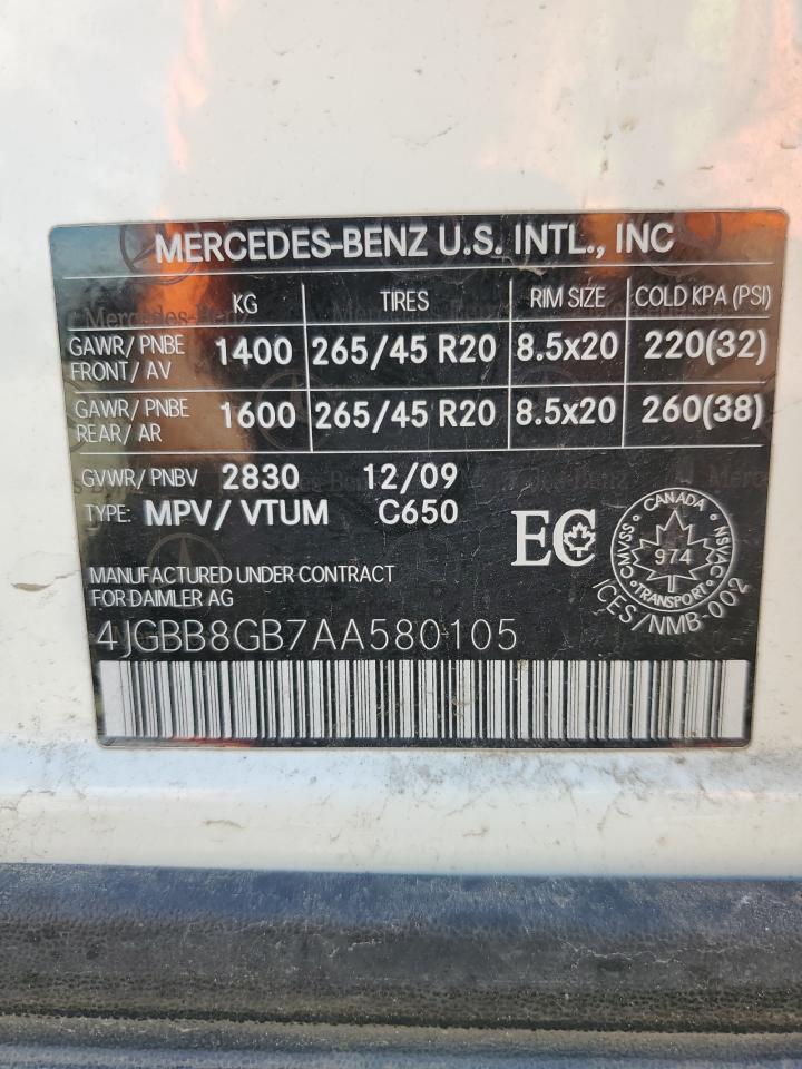 2010 Mercedes-Benz Ml 350 4Matic VIN: 4JGBB8GB7AA580105 Lot: 63230285