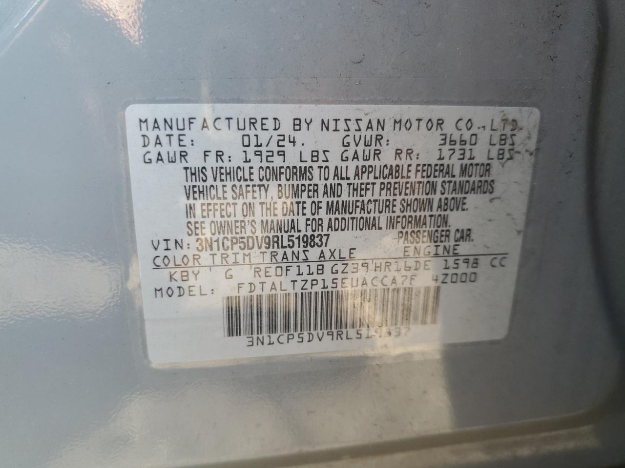2024 Nissan Kicks Sr VIN: 3N1CP5DV9RL519837 Lot: 63879745