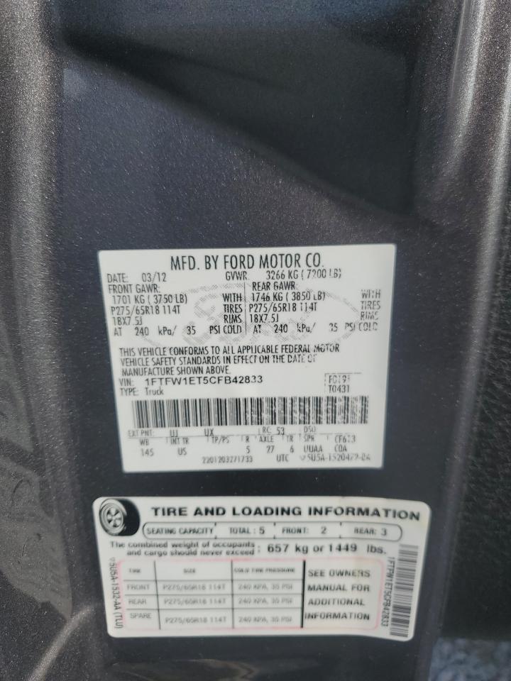 2012 Ford F150 Supercrew VIN: 1FTFW1ET5CFB42833 Lot: 65132585