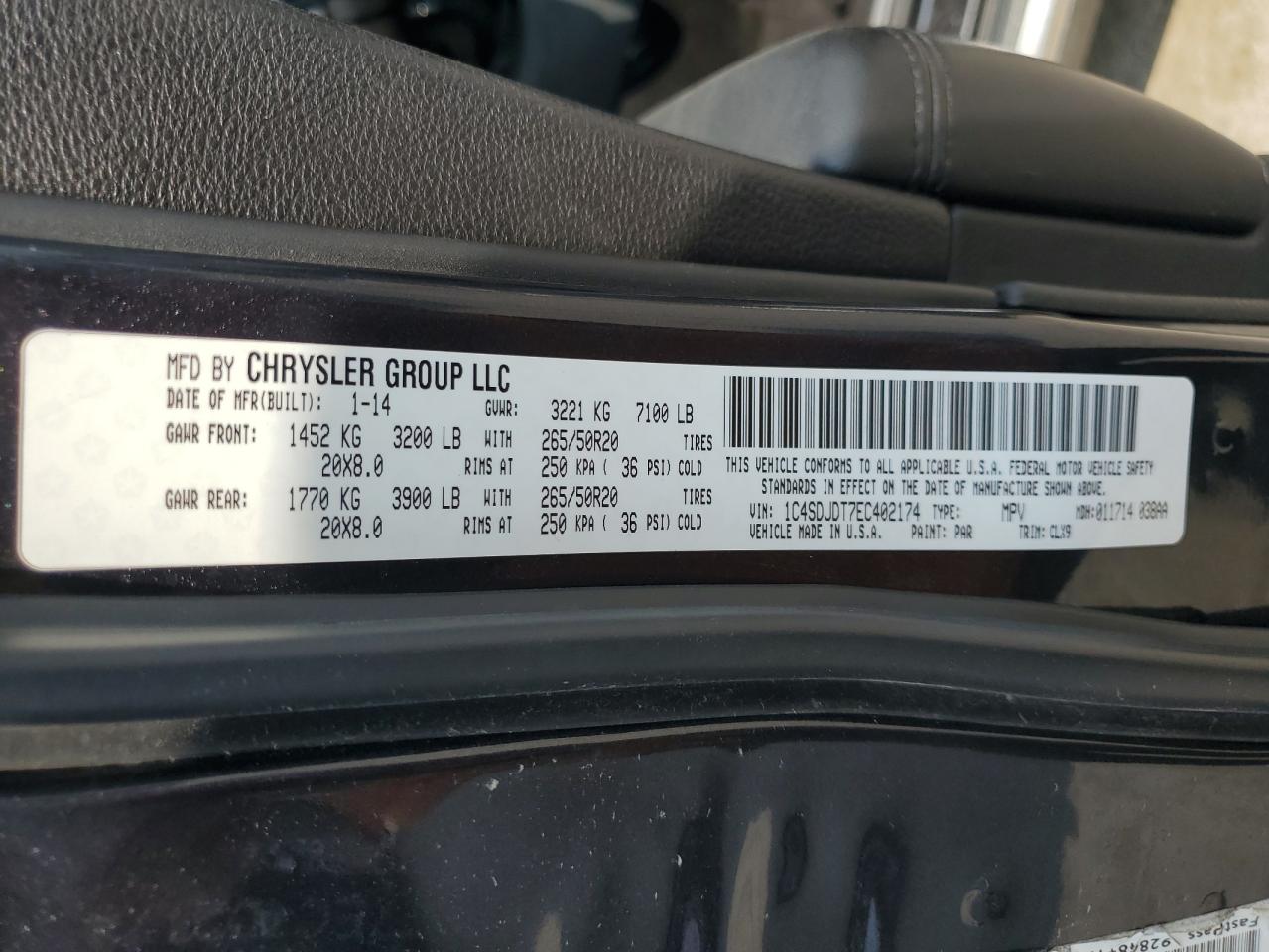 2014 Dodge Durango Limited VIN: 1C4SDJDT7EC402174 Lot: 66895345