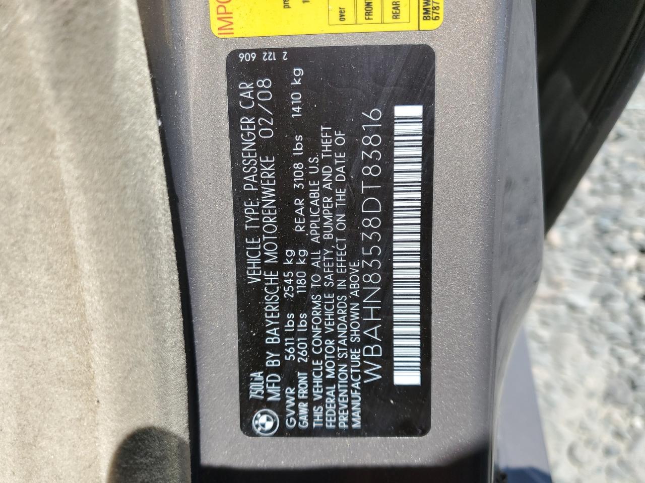 2008 BMW 750 Li VIN: WBAHN83538DT83816 Lot: 64090525