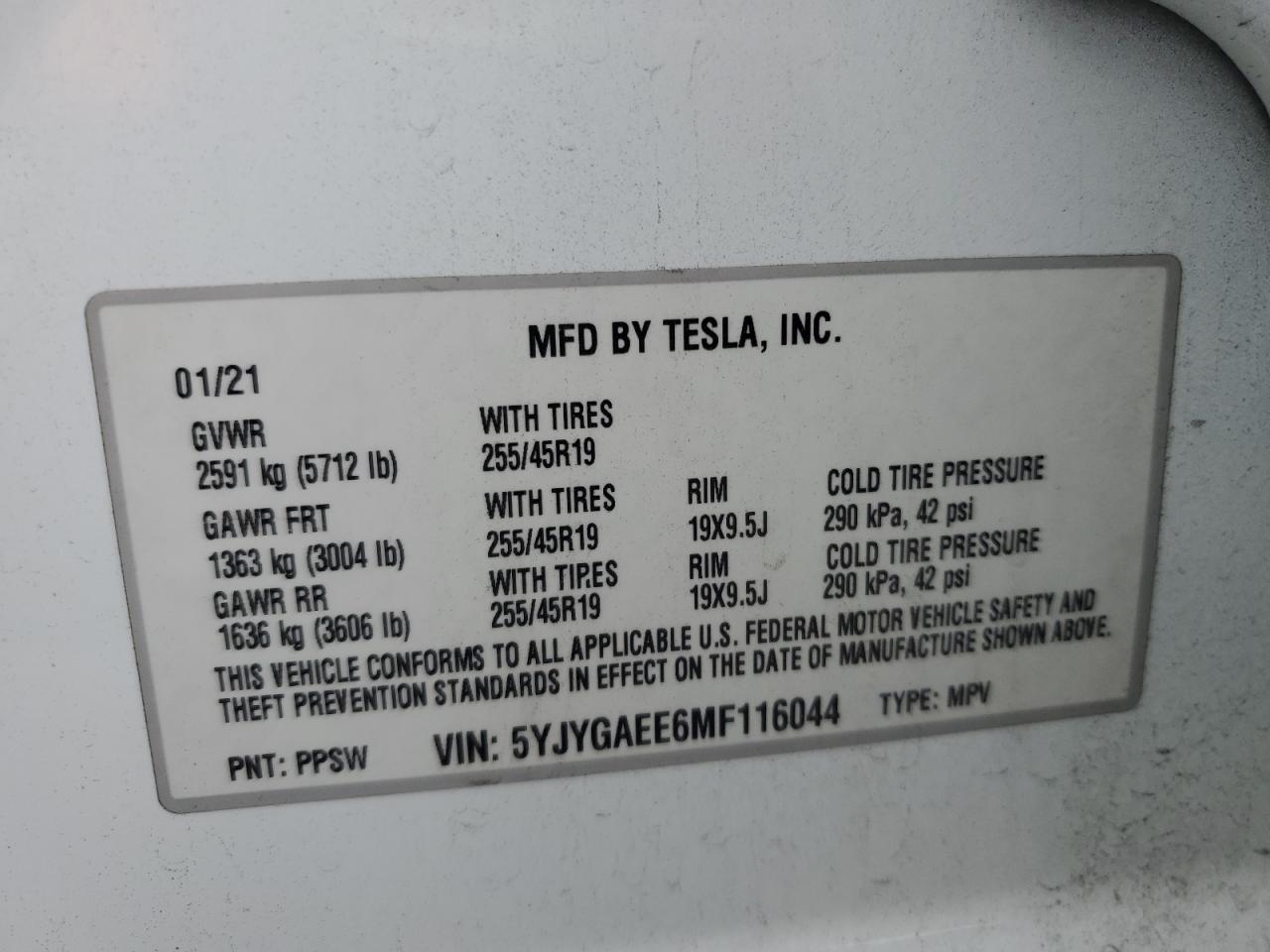 2021 Tesla Model Y VIN: 5YJYGAEE6MF116044 Lot: 63225675