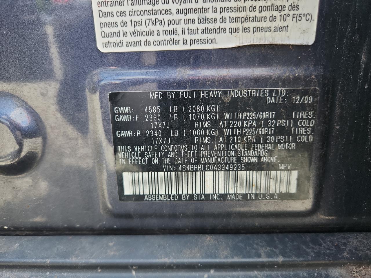 2010 Subaru Outback 2.5I Limited VIN: 4S4BRBLC0A3349235 Lot: 64266655