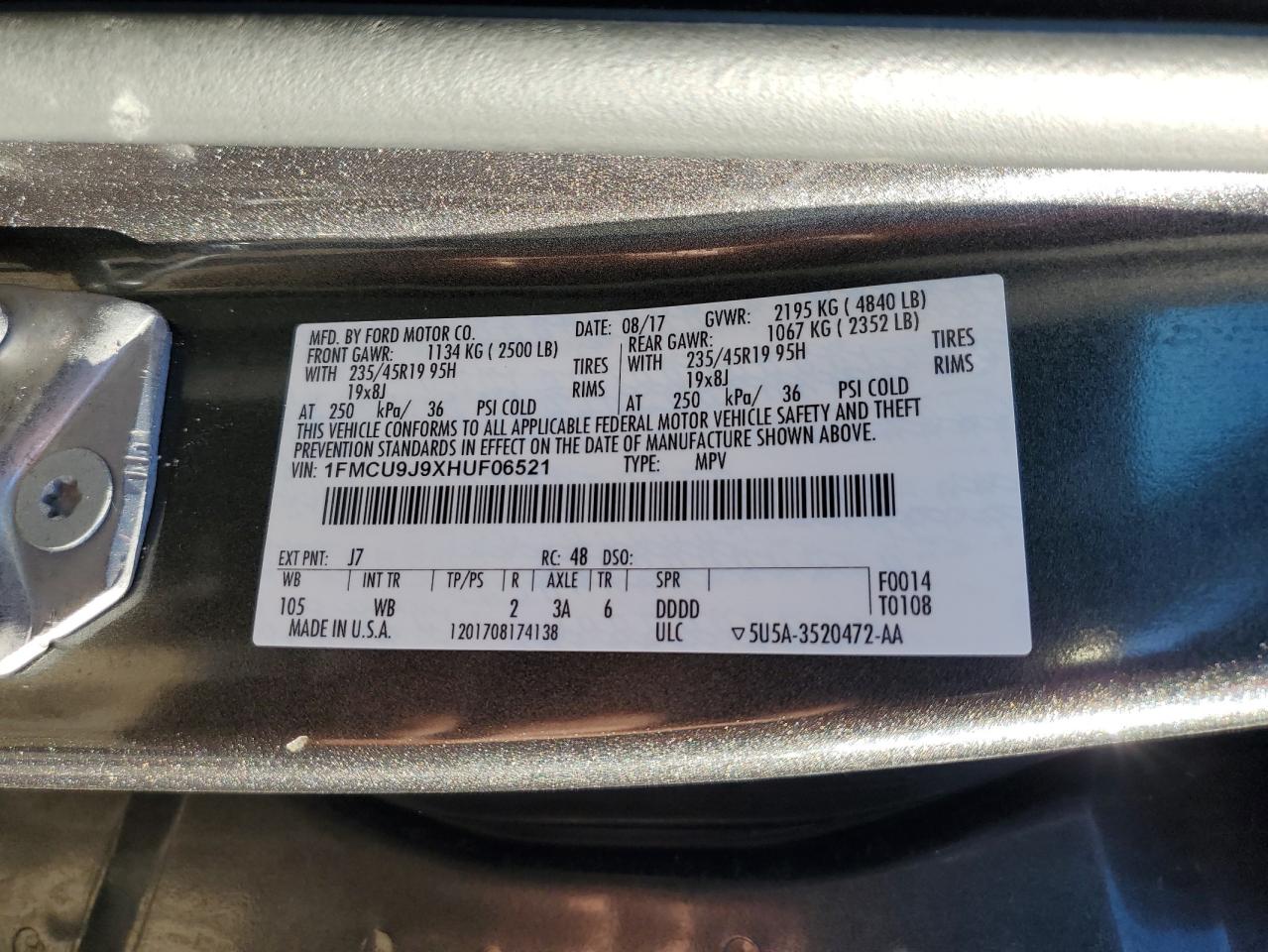2017 Ford Escape Titanium VIN: 1FMCU9J9XHUF06521 Lot: 65193965