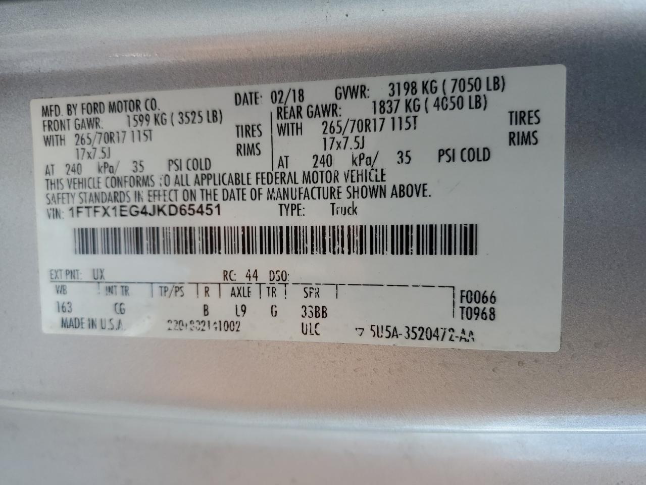 2018 Ford F150 Super Cab VIN: 1FTFX1EG4JKD65451 Lot: 65005995