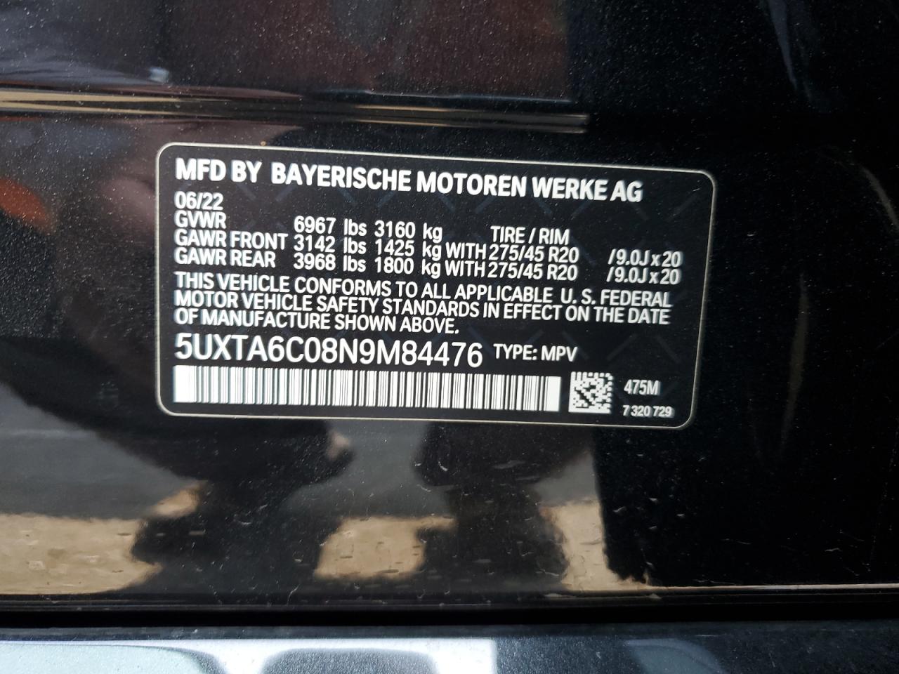 2022 BMW X5 xDrive45E VIN: 5UXTA6C08N9M84476 Lot: 64655795