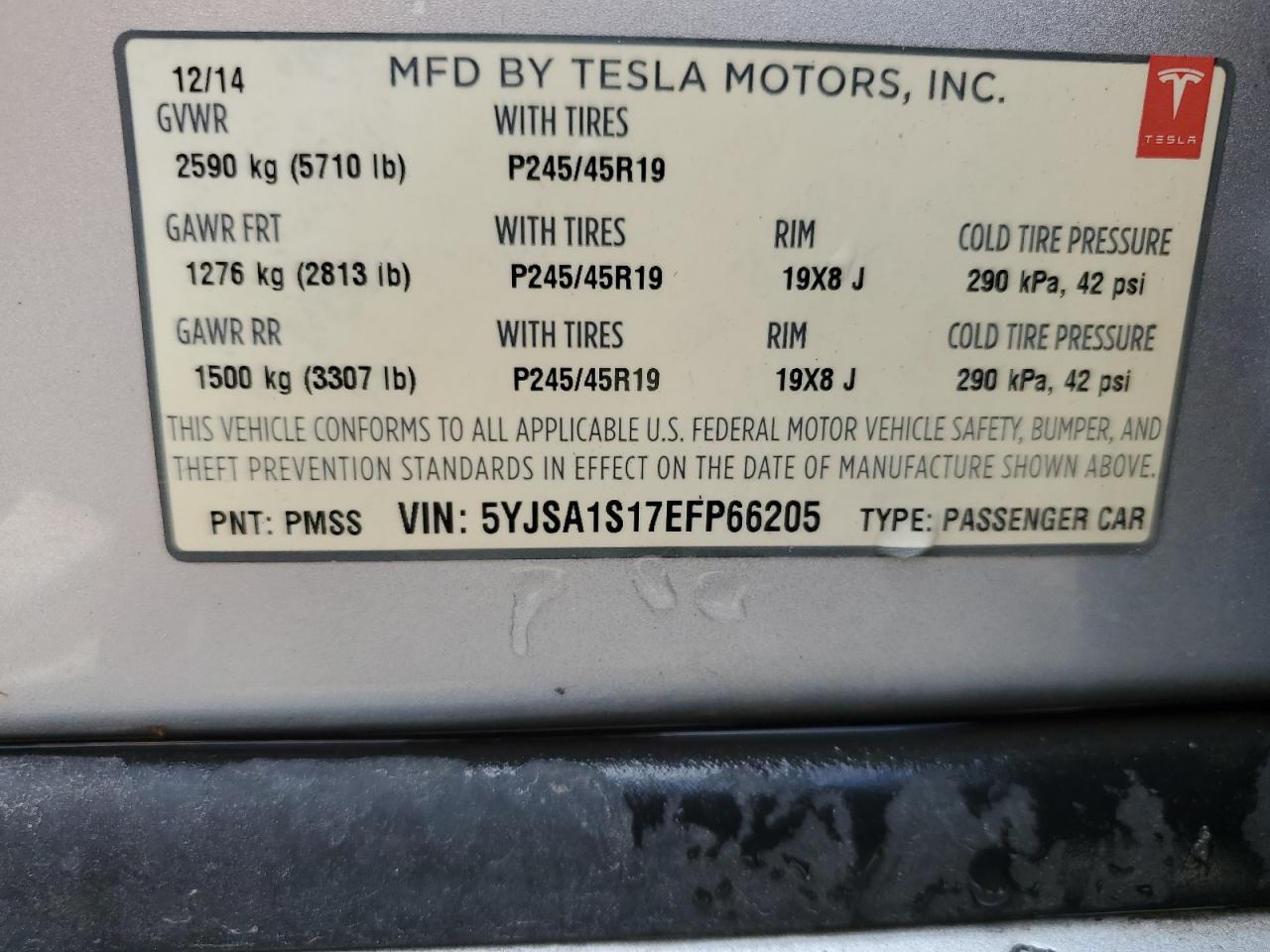 2014 Tesla Model S VIN: 5YJSA1S17EFP66205 Lot: 64817025
