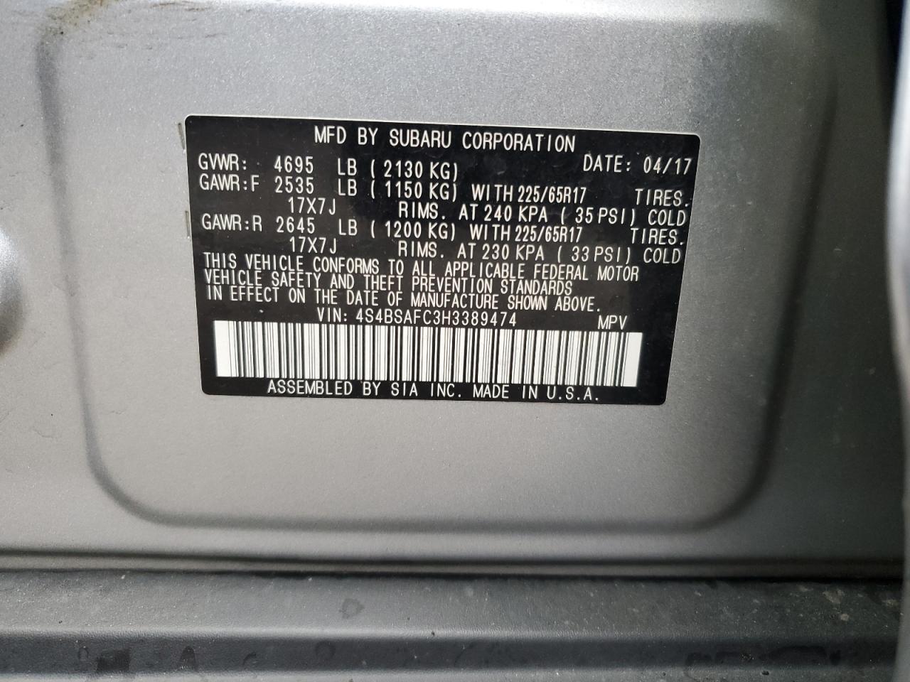 2017 Subaru Outback 2.5I Premium VIN: 4S4BSAFC3H3389474 Lot: 64885805