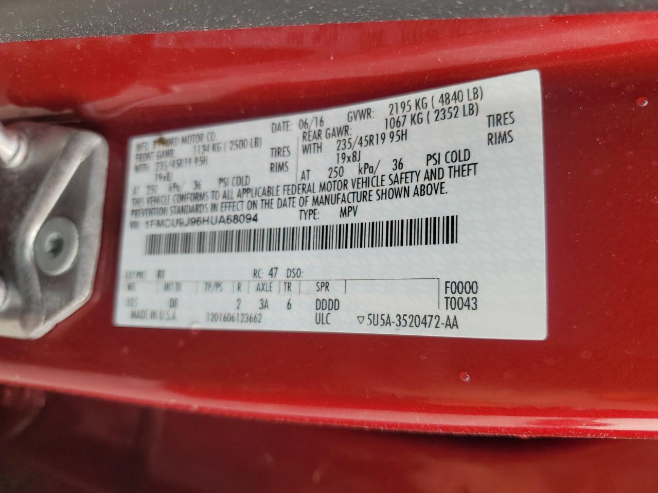 2017 Ford Escape Titanium VIN: 1FMCU9J96HUA68094 Lot: 63701235