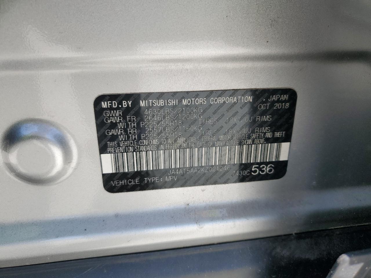 2019 Mitsubishi Eclipse Cross Se VIN: JA4AT5AA2KZ021246 Lot: 65582615