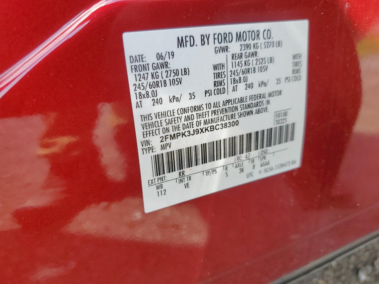 2019 Ford Edge Sel VIN: 2FMPK3J9XKBC38300 Lot: 65463845