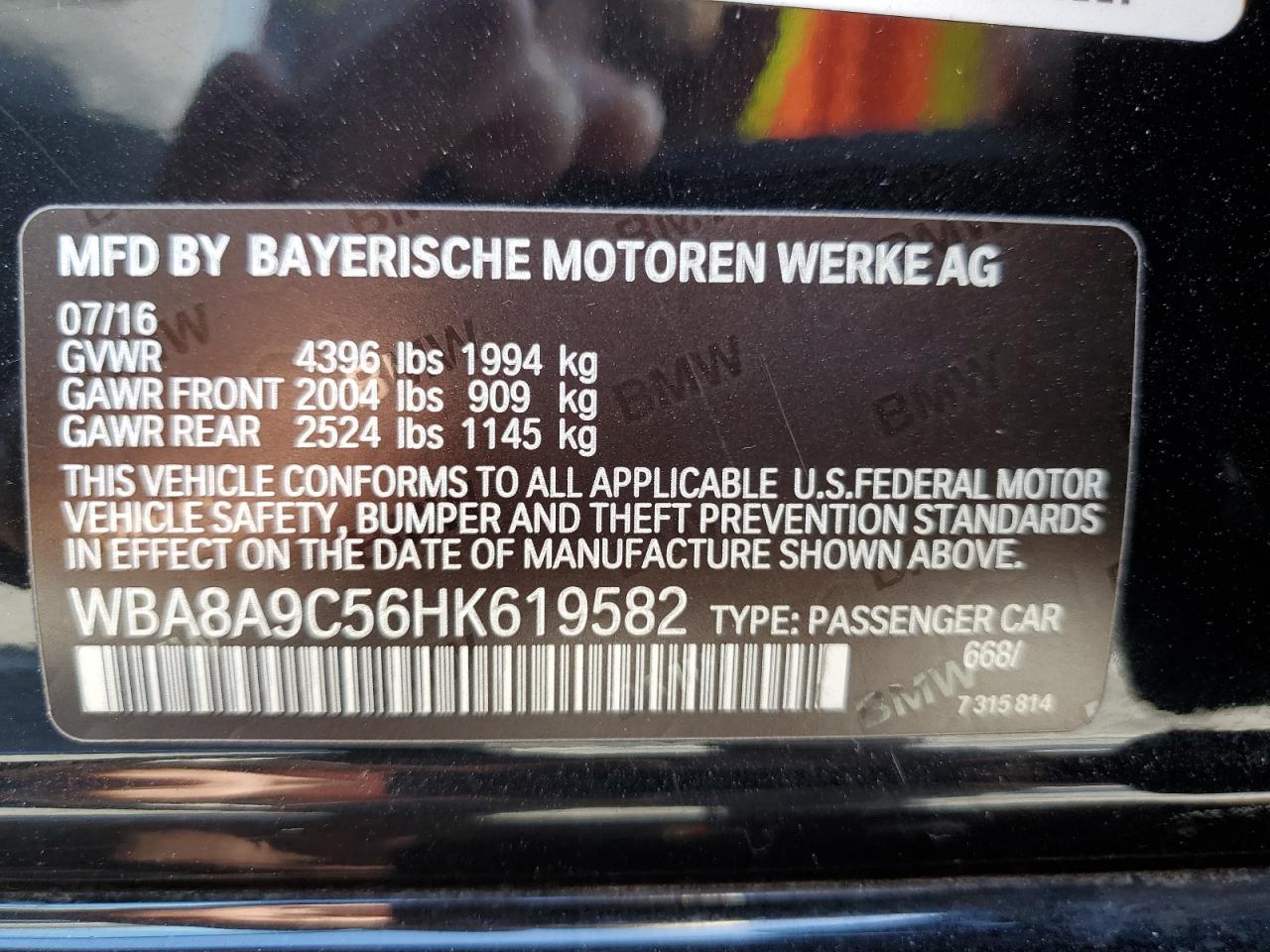 2017 BMW 320 I VIN: WBA8A9C56HK619582 Lot: 64508225