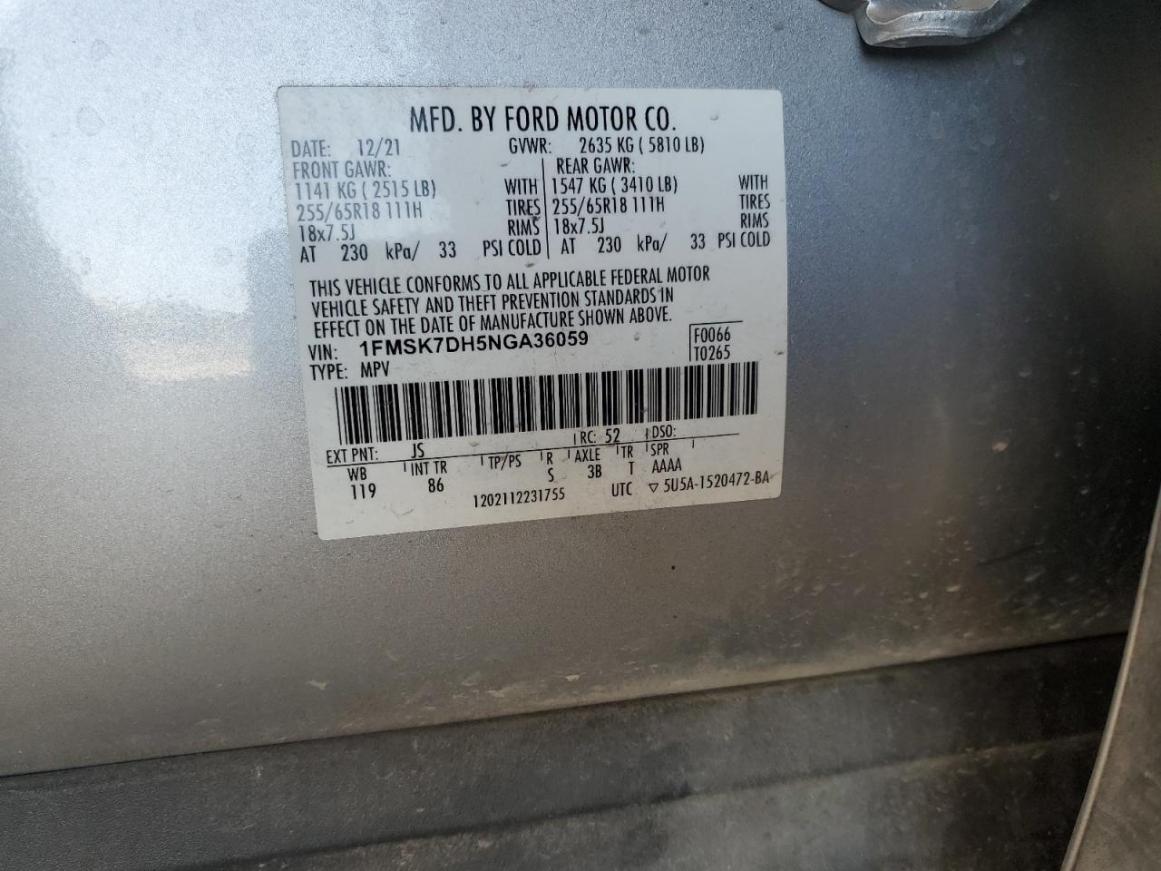 2022 Ford Explorer Xlt VIN: 1FMSK7DH5NGA36059 Lot: 66564705