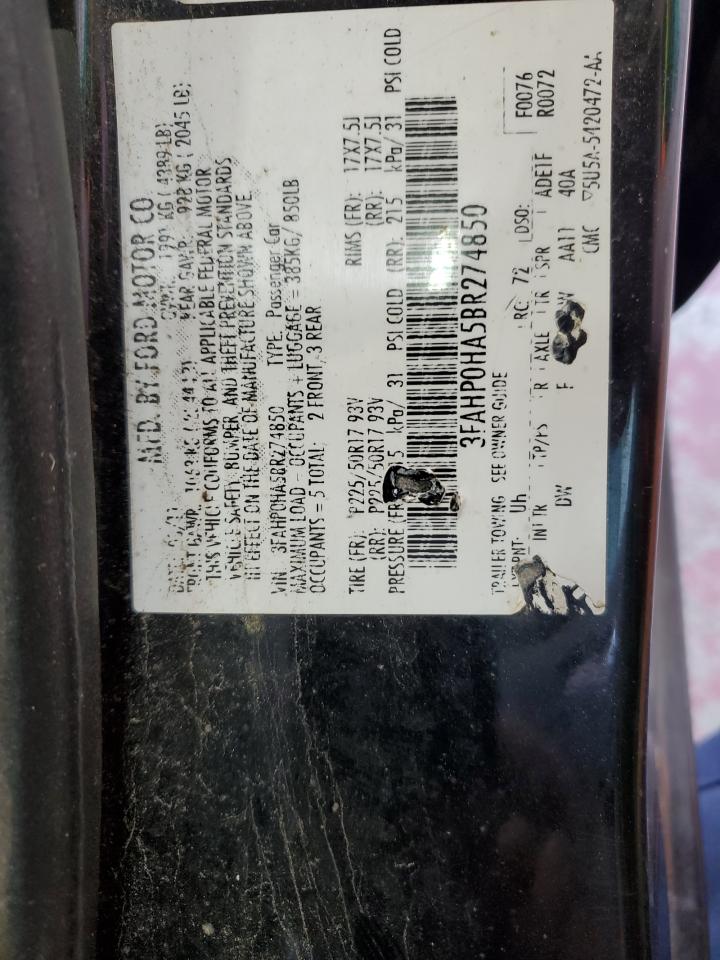 2011 Ford Fusion Se VIN: 3FAHP0HA5BR274850 Lot: 66066745