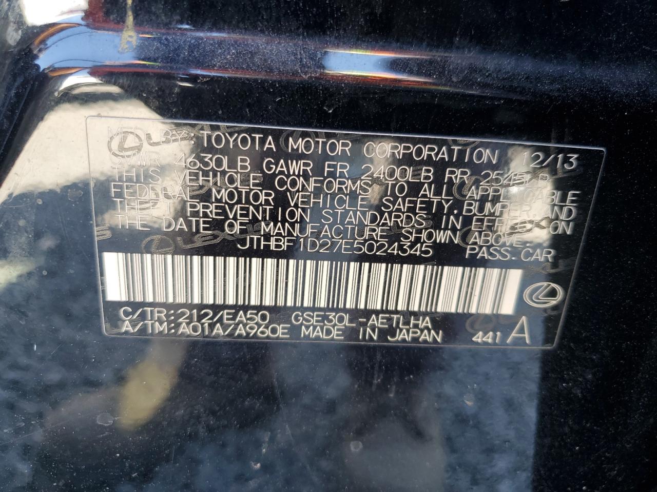 2014 Lexus Is 250 VIN: JTHBF1D27E5024345 Lot: 64449125