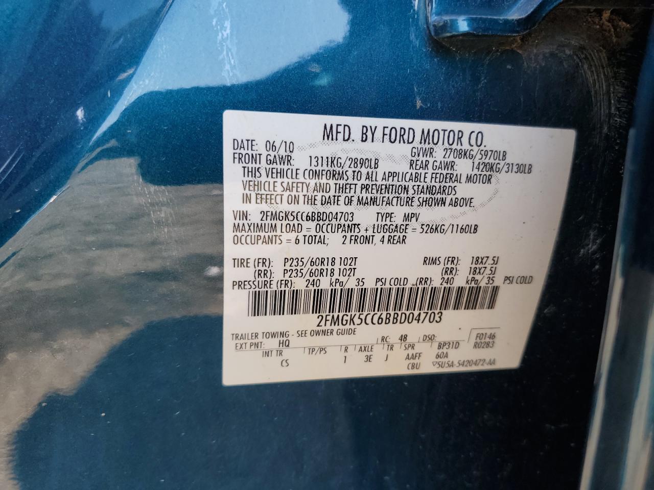 2011 Ford Flex Sel VIN: 2FMGK5CC6BBD04703 Lot: 62941945