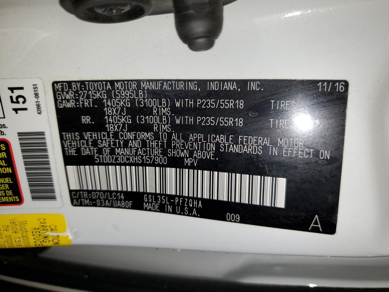 2017 Toyota Sienna Xle VIN: 5TDDZ3DCXHS157900 Lot: 63099015
