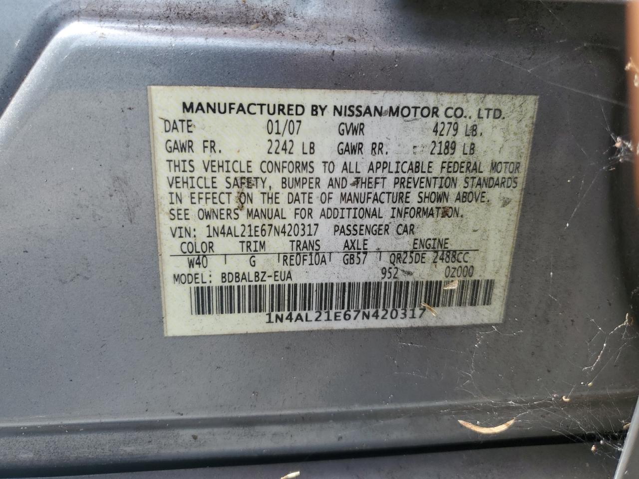 2007 Nissan Altima 2.5 VIN: 1N4AL21E67N420317 Lot: 64798485