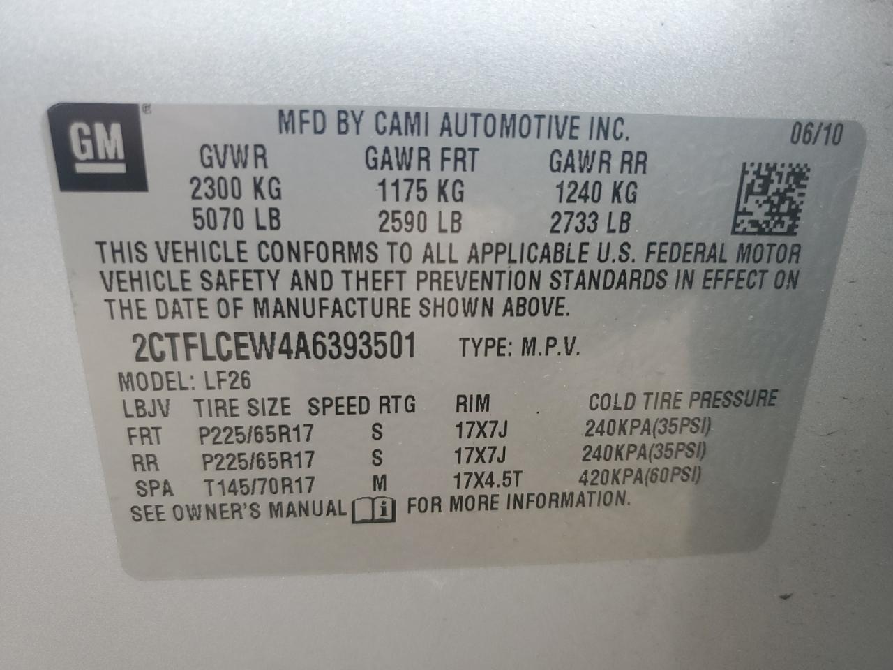 2010 GMC Terrain Sle VIN: 2CTFLCEW4A6393501 Lot: 65240705