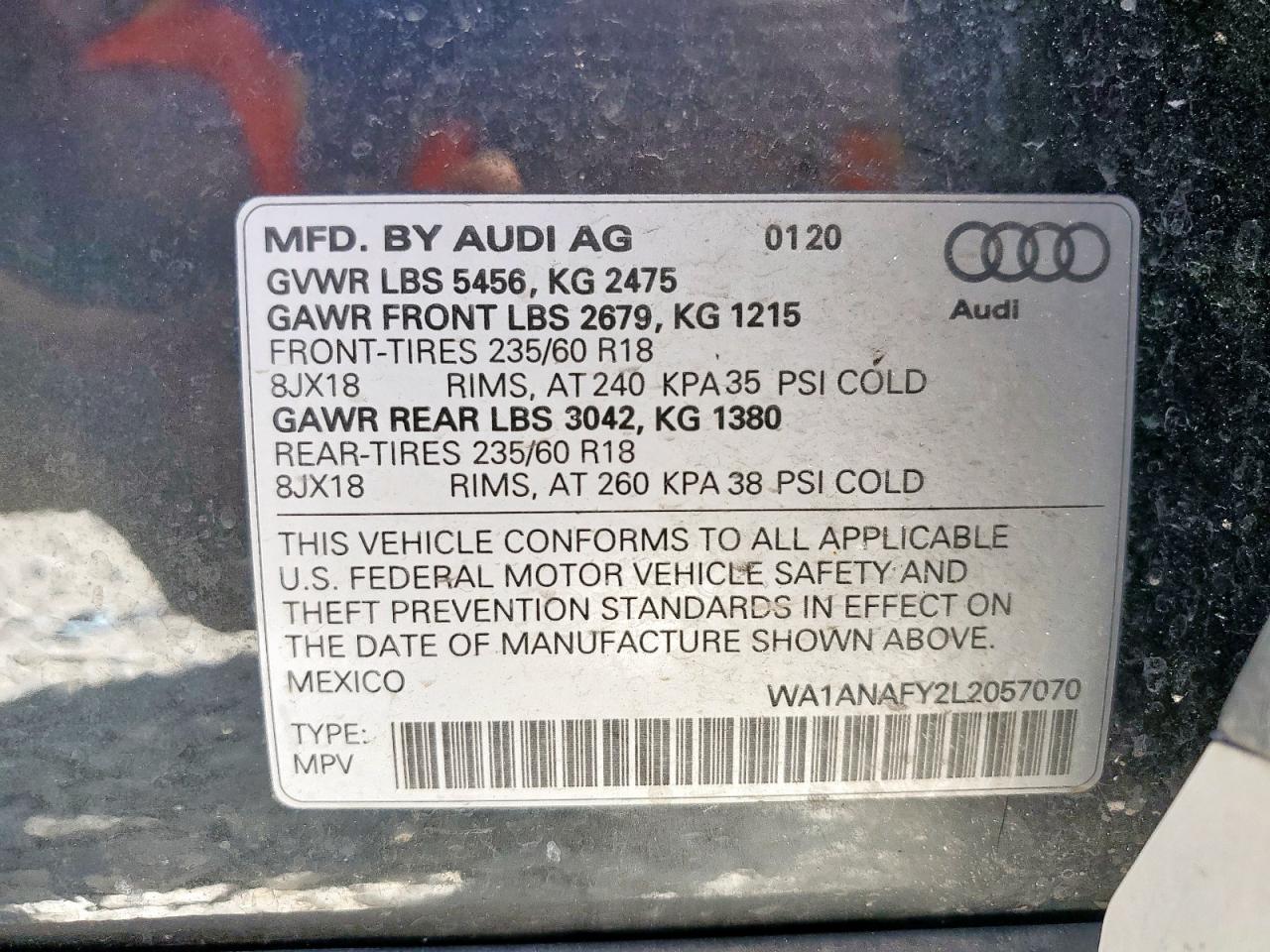 wa1anafy2l2057070 WA1ANAFY2L2057070 2020 Audi Q5 Premium