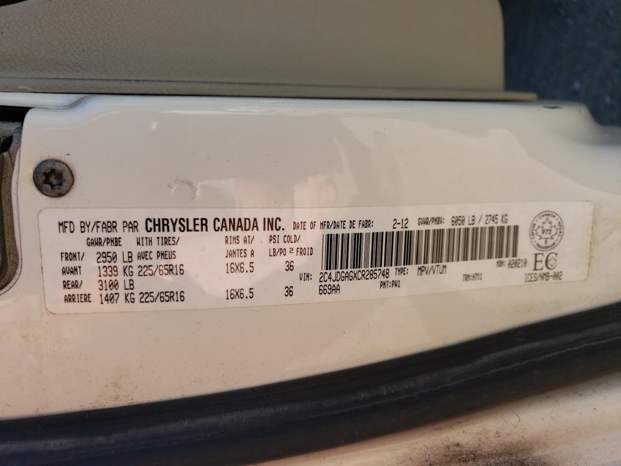 2012 Dodge Ram Van VIN: 2C4JDGAGXCR285748 Lot: 65325955