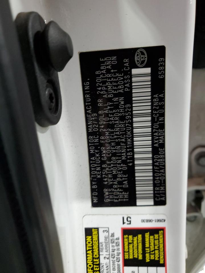 2019 Toyota Camry L VIN: 4T1B11HK0KU759529 Lot: 64320875