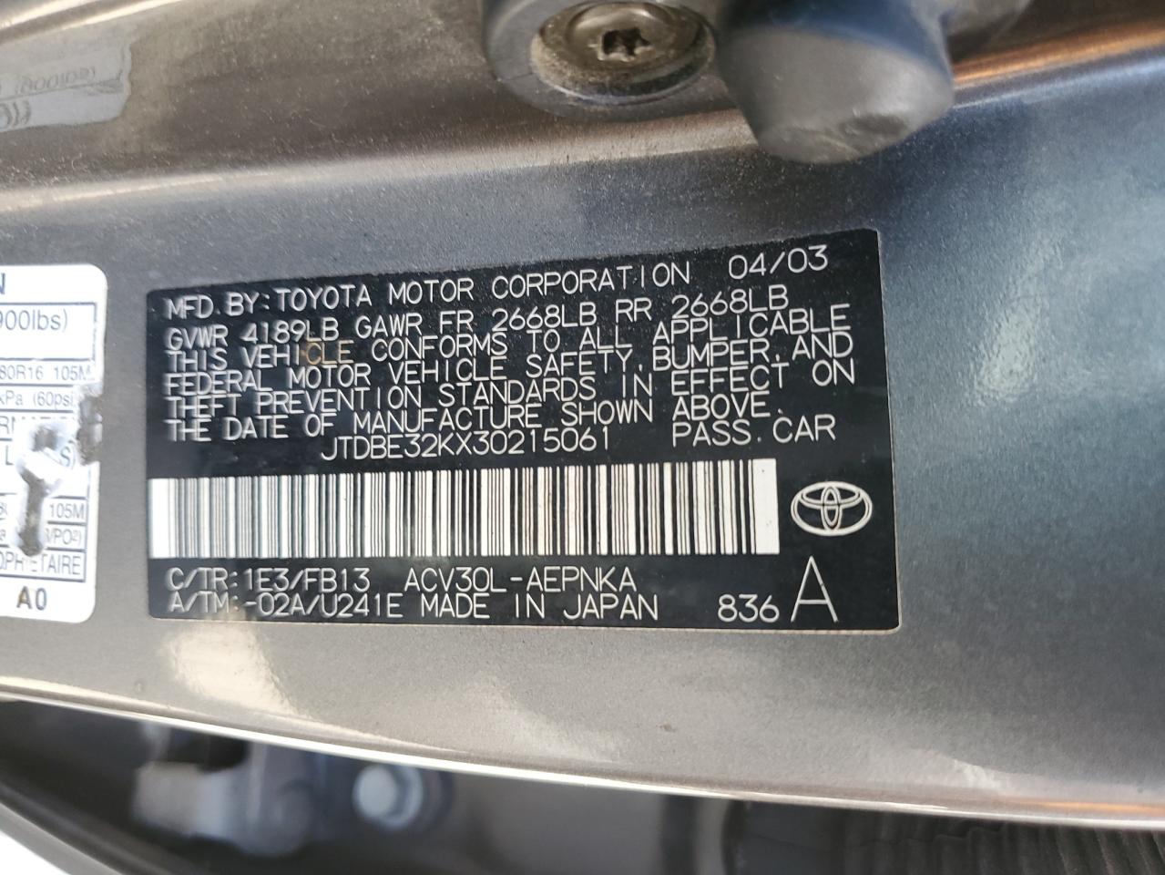 2003 Toyota Camry Le VIN: JTDBE32KX30215061 Lot: 65217635