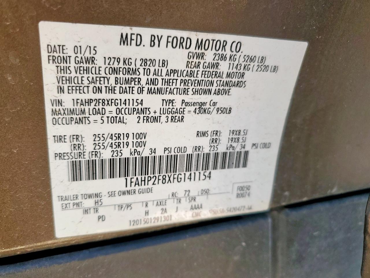 2015 Ford Taurus Limited VIN: 1FAHP2F8XFG141154 Lot: 63006255