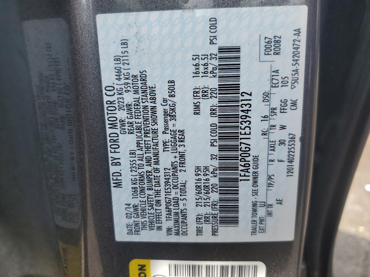 2014 Ford Fusion S VIN: 1FA6P0G71E5394312 Lot: 65202235