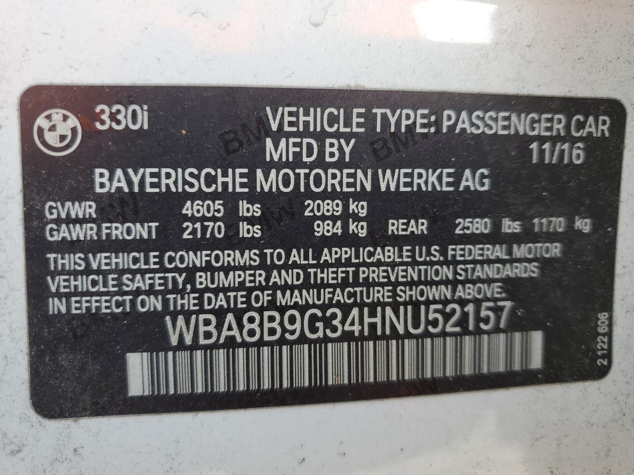 2017 BMW 330 I VIN: WBA8B9G34HNU52157 Lot: 64464125