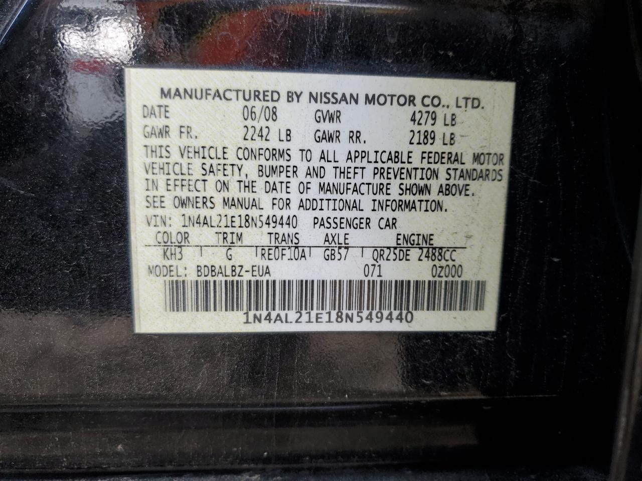 2008 Nissan Altima 2.5 VIN: 1N4AL21E18N549440 Lot: 64214655