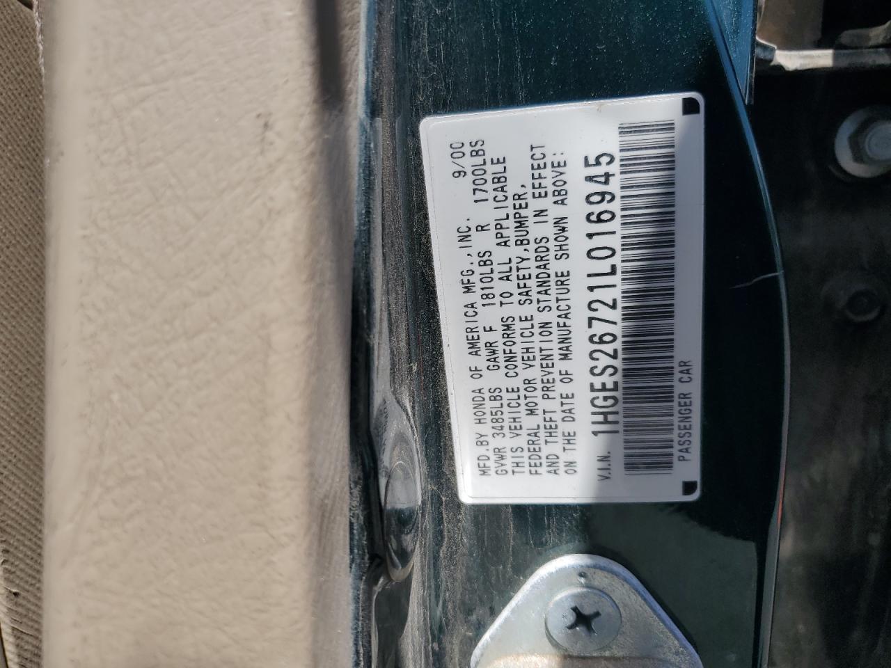 2001 Honda Civic Ex VIN: 1HGES26721L016945 Lot: 63025365