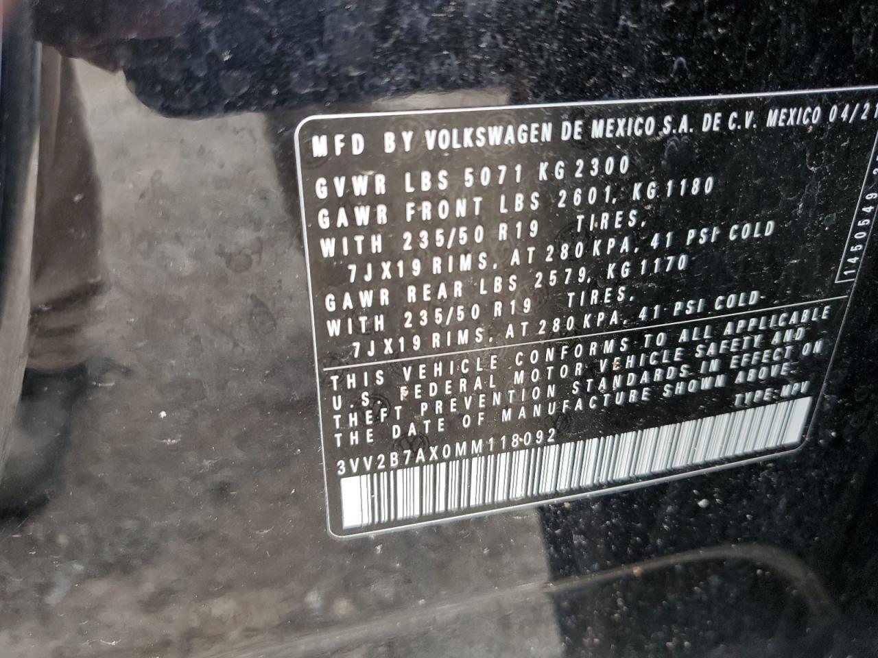 2021 Volkswagen Tiguan Se VIN: 3VV2B7AX0MM118092 Lot: 63311085