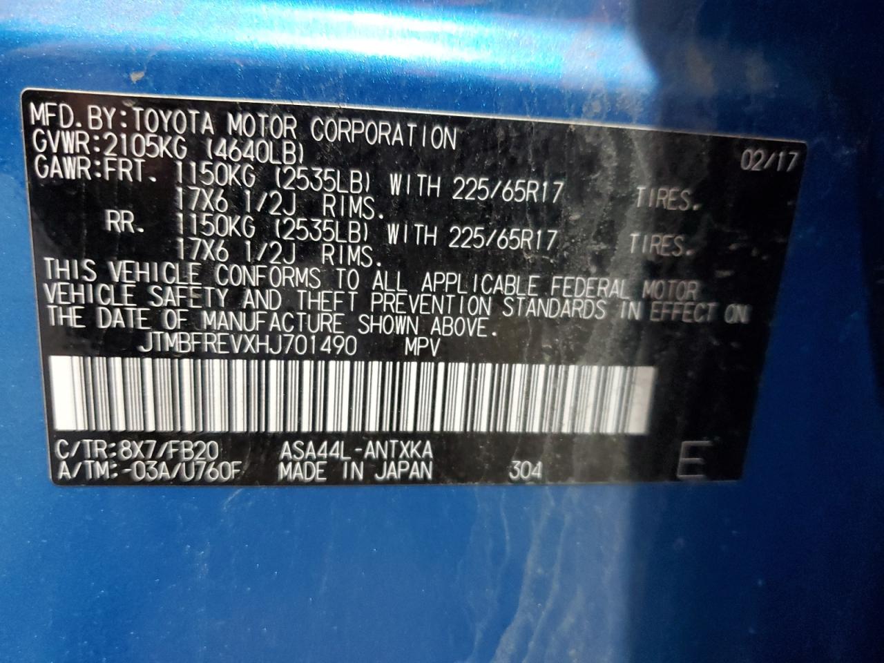 2017 Toyota Rav4 Le VIN: JTMBFREVXHJ701490 Lot: 64857155