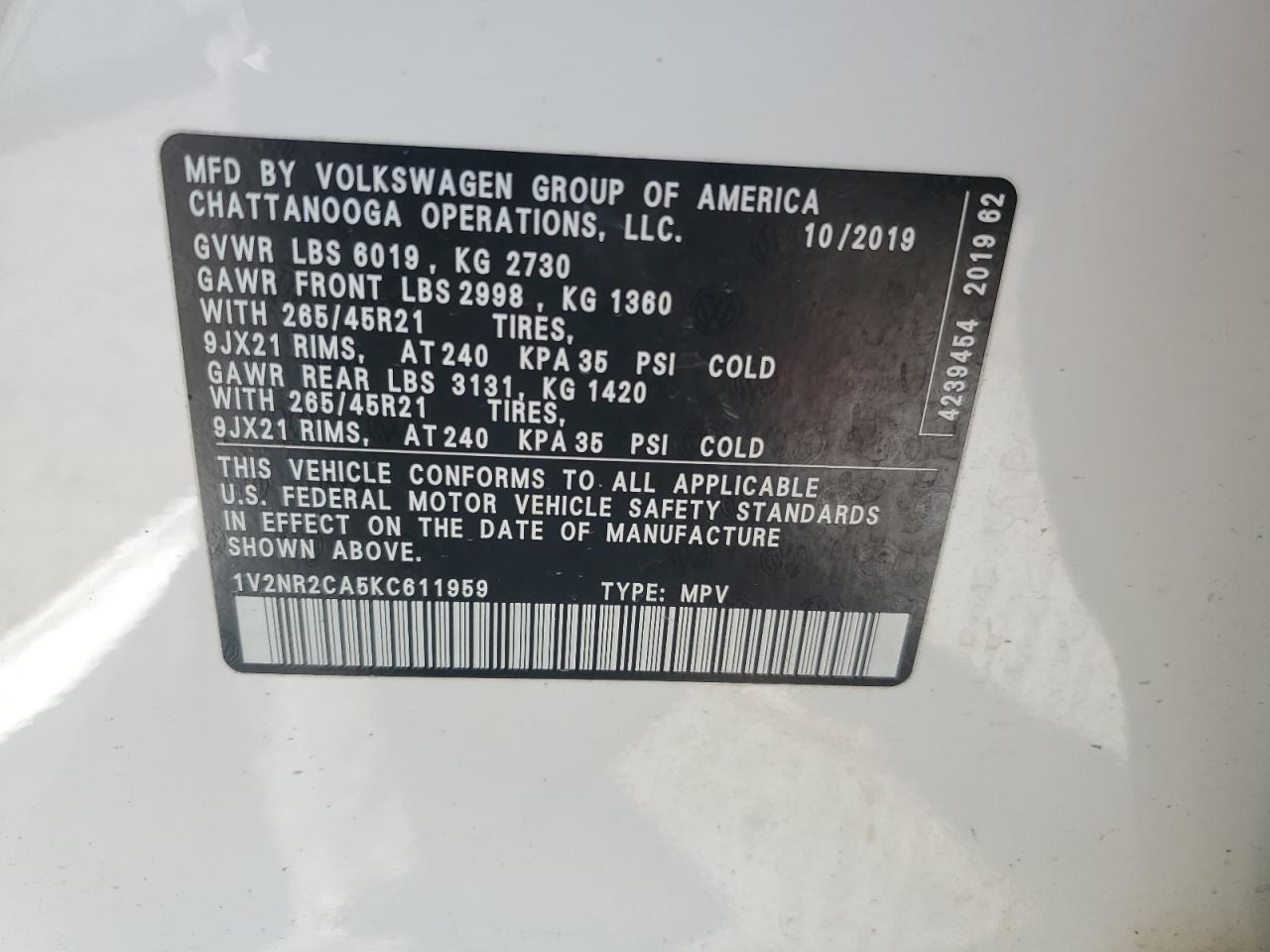2019 Volkswagen Atlas Sel Premium VIN: 1V2NR2CA5KC611959 Lot: 63460735