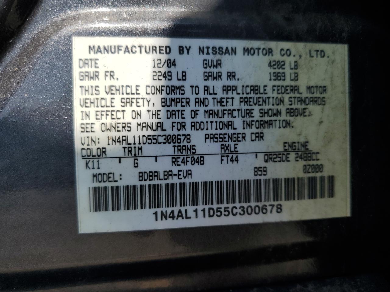 2005 Nissan Altima S VIN: 1N4AL11D55C300678 Lot: 65080475