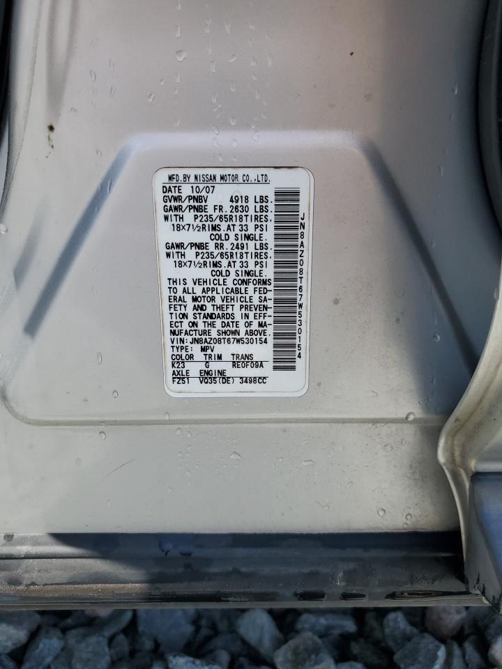 2007 Nissan Murano Sl VIN: JN8AZ08T67W530154 Lot: 64384495
