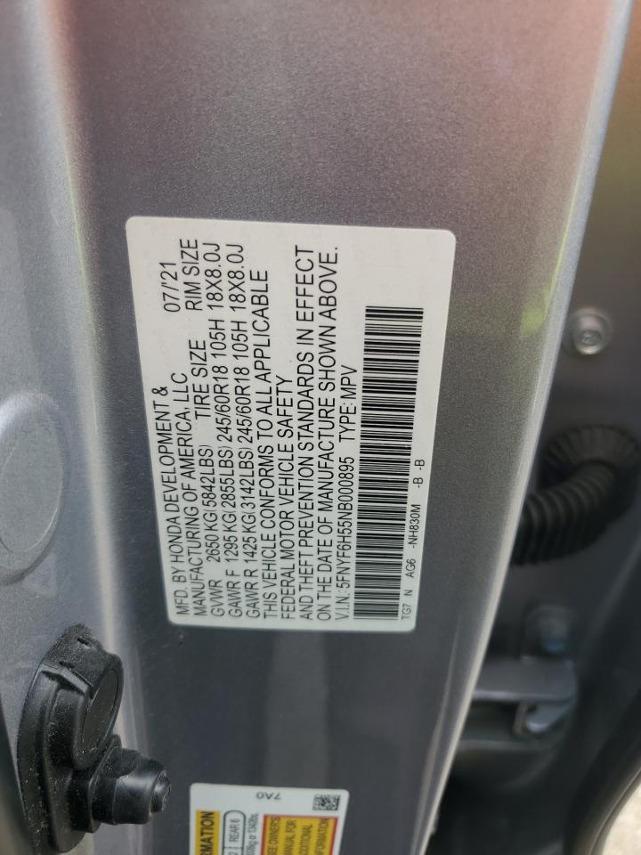 2022 Honda Pilot Exl VIN: 5FNYF6H55NB000895 Lot: 64764535