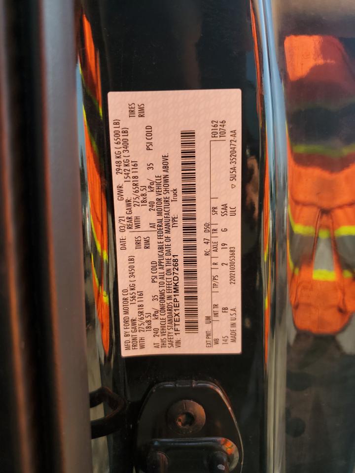 2021 Ford F150 Super Cab VIN: 1FTEX1EP1MKD72681 Lot: 66822345