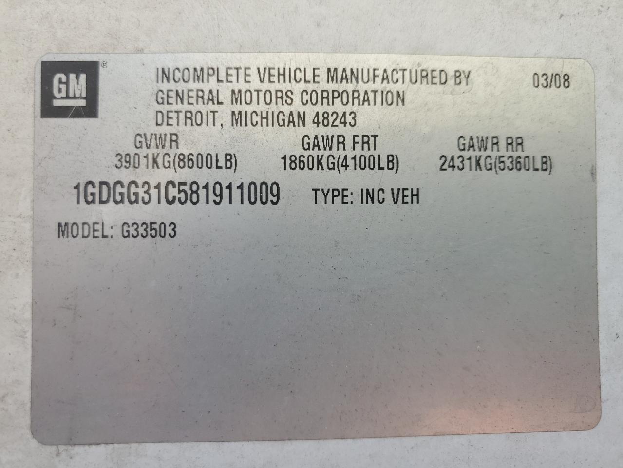 2008 GMC Savana Cutaway G3500 VIN: 1GDGG31C581911009 Lot: 61074265