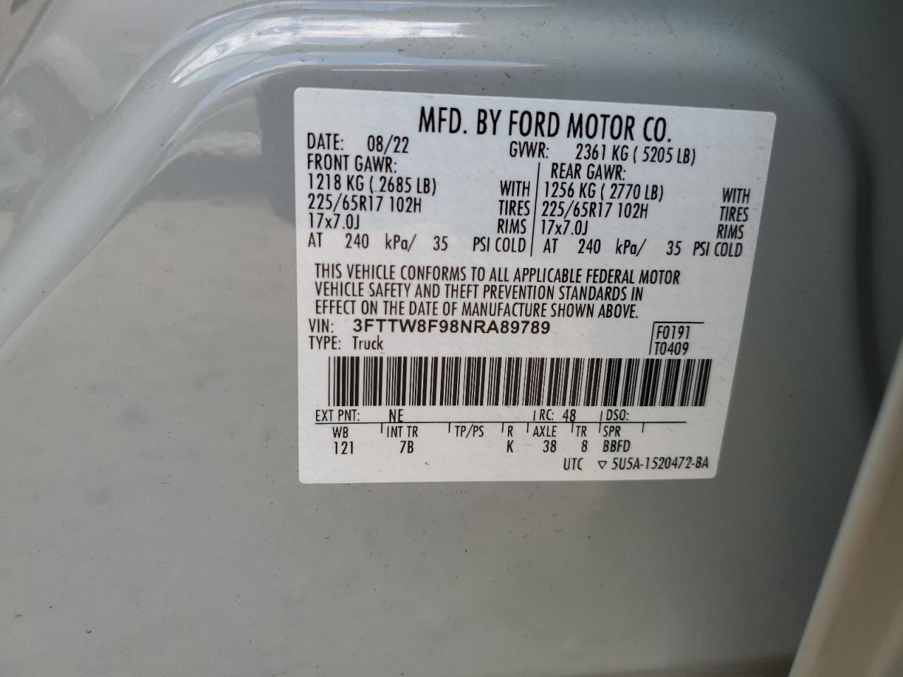 2022 Ford Maverick Xl VIN: 3FTTW8F98NRA89789 Lot: 62876355