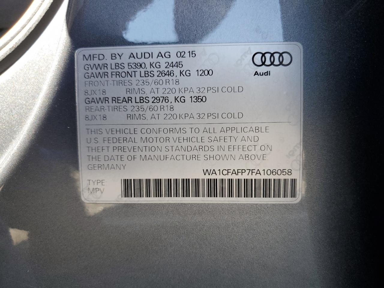 2015 Audi Q5 Premium VIN: WA1CFAFP7FA106058 Lot: 64767935