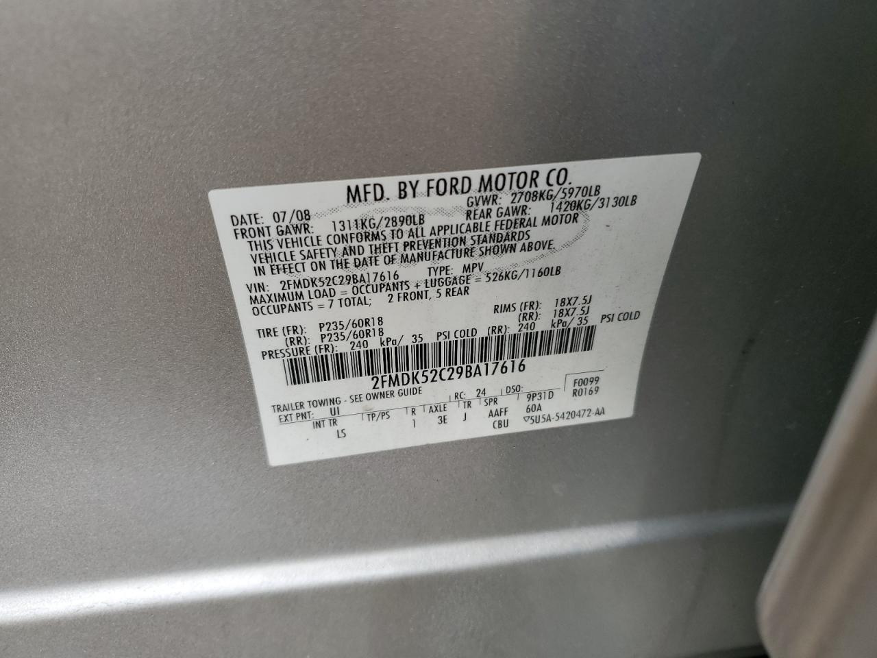2009 Ford Flex Sel VIN: 2FMDK52C29BA17616 Lot: 64320495