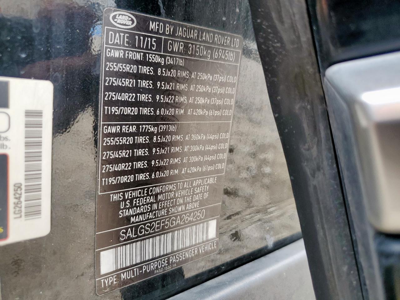 2016 Land Rover Range Rover Supercharged VIN: SALGS2EF5GA264250 Lot: 65383705
