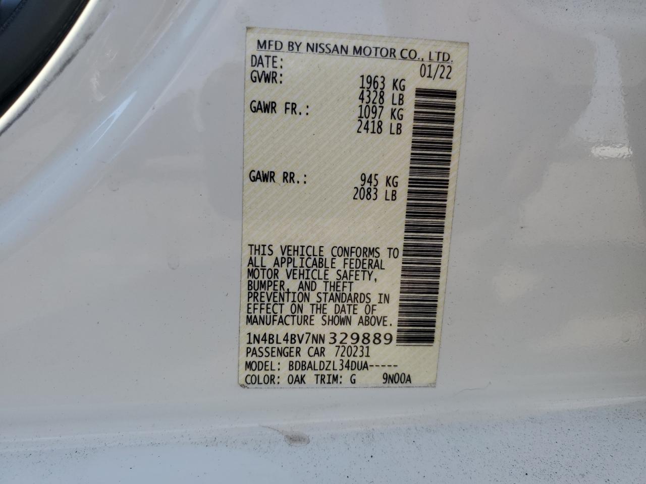 2022 Nissan Altima S VIN: 1N4BL4BV7NN329889 Lot: 65166675